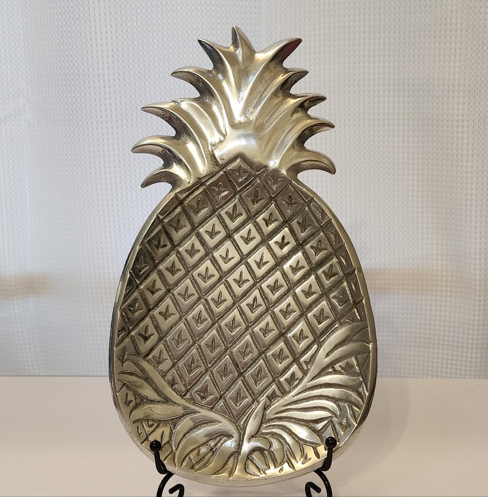 Vintage Pineapple Dish Aluminum Silver Tone Made in India Tropical Decor